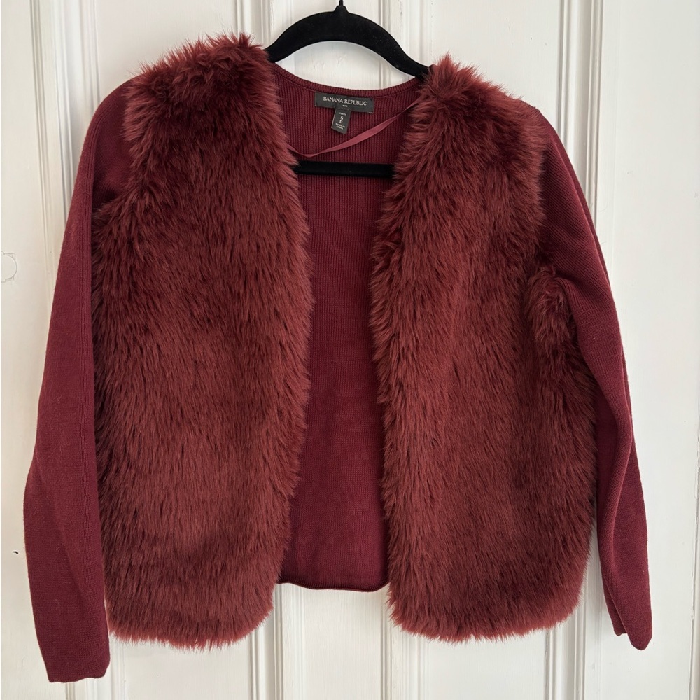 Banana Republic Maroon Faux Fur Front Cardigan Sweater Buttoned Small Petite